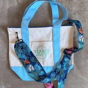 TRADER JOES Light Blue Mini Canvas Tote with adjustable floral strap and zipper